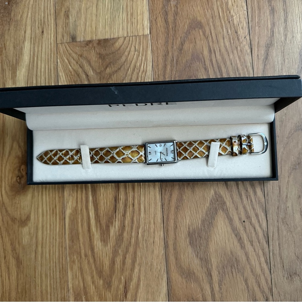 Pedre Rectangular Leather Strap Watch Silver Quar… - image 3